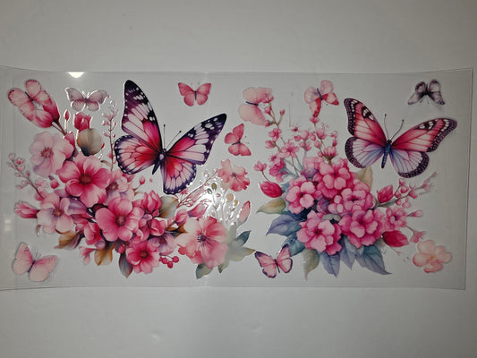 Pink Butterfly Floral Tumbler Wrap - Watercolor Flowers & Butterflies Design