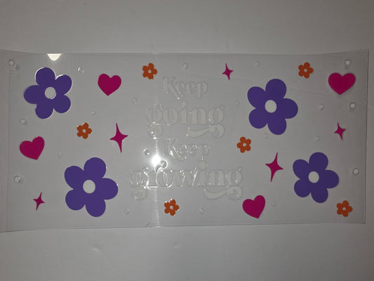 Retro Flower & Heart Tumbler Wrap | Purple, Pink, Orange | Keep Going Keep Loving Design