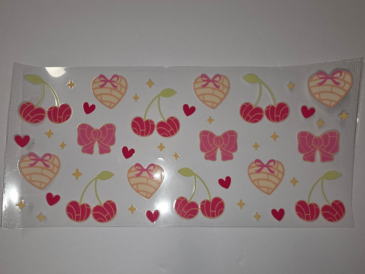Kawaii Cherry & Heart Tumbler Wrap | Pink Bows & Yellow Stars | Cute Drinkware Decal