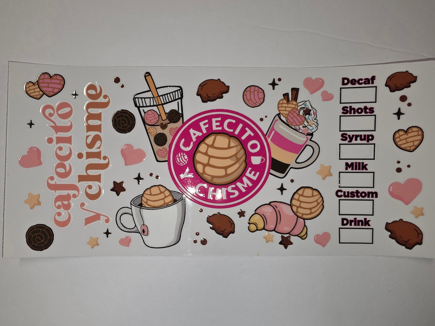 Cafecito y Chisme Tumbler Wrap | Coffee, Conchas, Croissants & Hearts | Pink & Brown