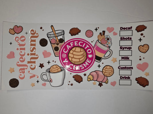 Cafecito y Chisme Tumbler Wrap | Coffee, Conchas, Croissants & Hearts | Pink & Brown