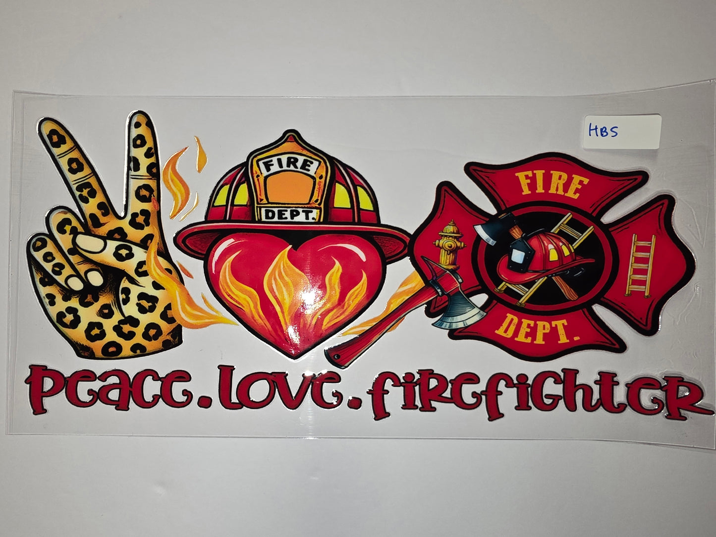 Peace Love Firefighter Tumbler Wrap - Leopard Print, Fire Helmet, Heart & Maltese Cross