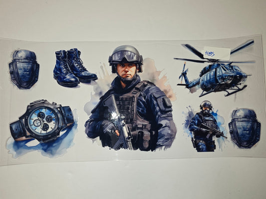 Tactical Soldier & Helicopter Tumbler Wrap | Blue & Gray Military Design