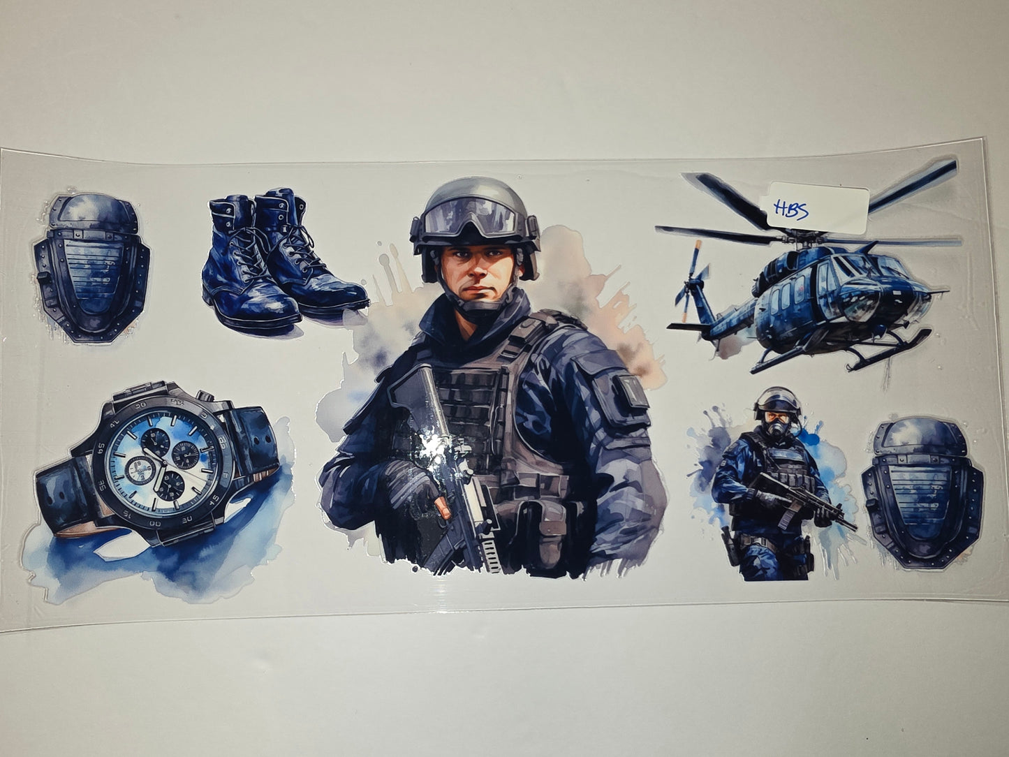 Tactical Soldier & Helicopter Tumbler Wrap | Military Blue & Black Design | Sublimation Cup Art