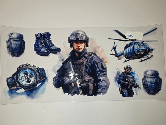 Tactical Soldier & Helicopter Tumbler Wrap | Blue Military Design | Sublimation Cup Art