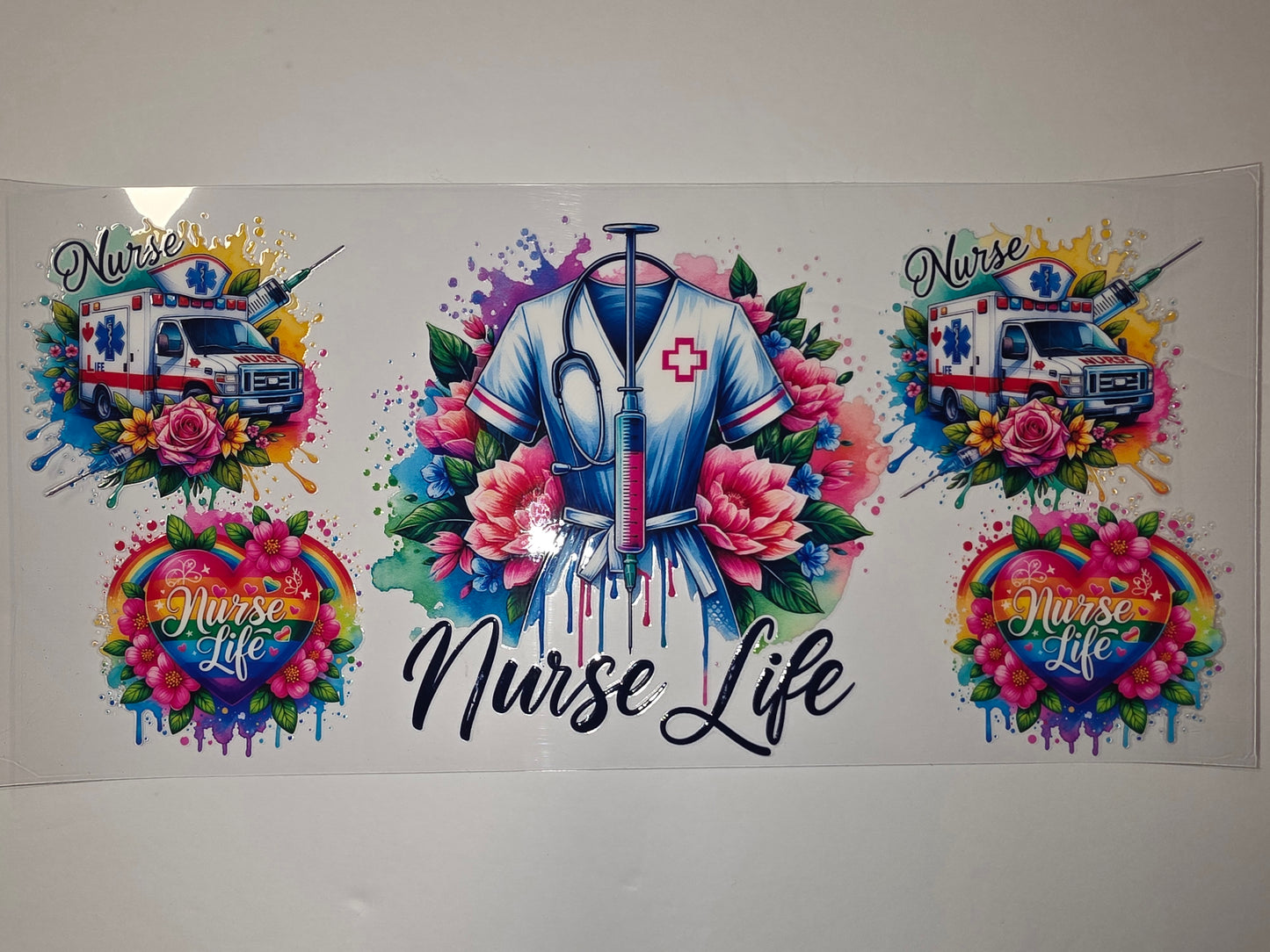 Vibrant Nurse Life Tumbler Wrap - Ambulance, Flowers, Syringe - Sublimation Design