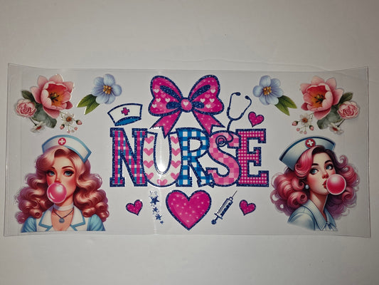 Retro Nurse Tumbler Wrap - Pink & Blue Plaid, Flowers, Hearts, and Pin-Up Style