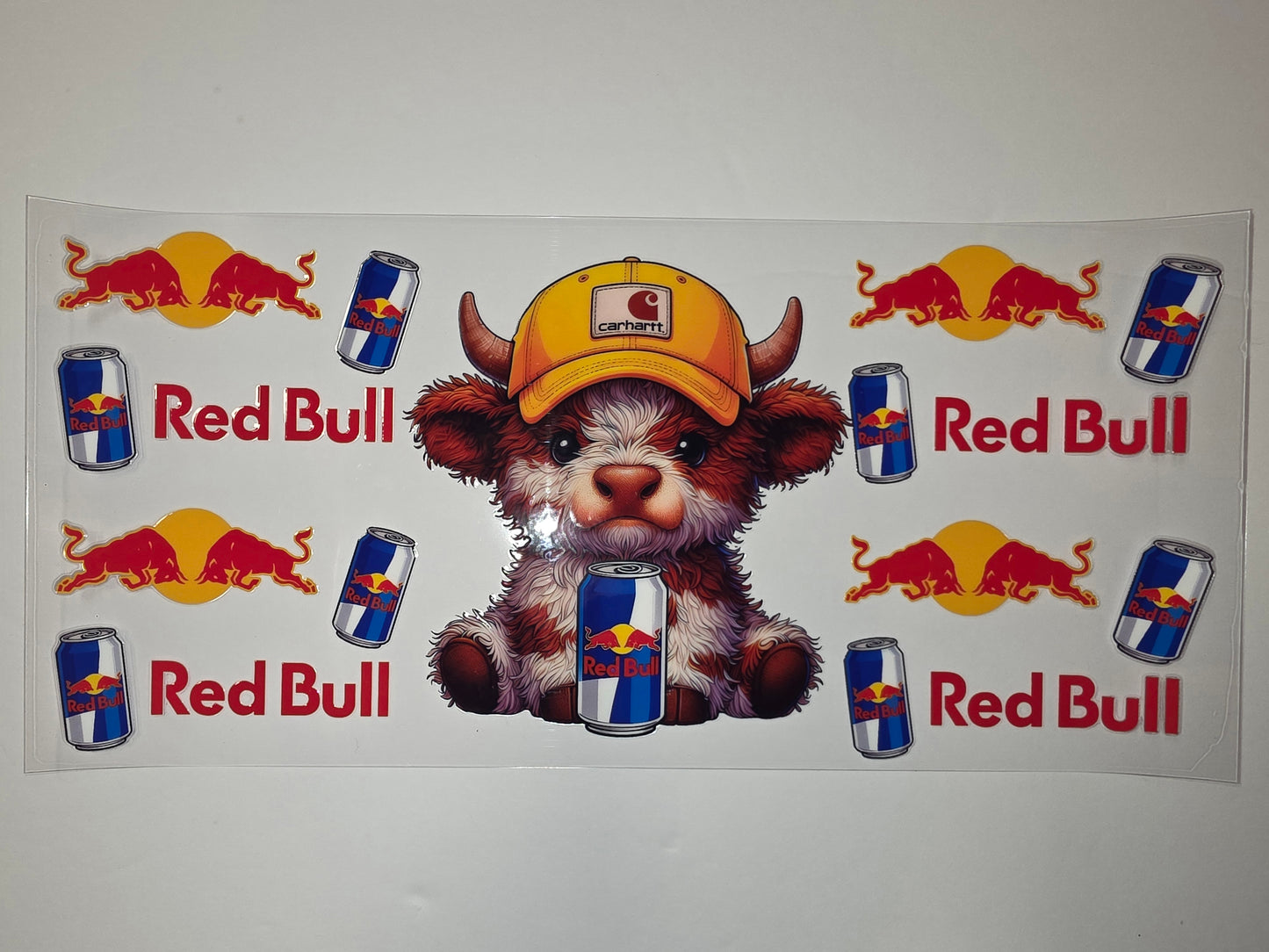Cute Cow with Red Bull Cans & Logos Tumbler Wrap | Red, Blue, Yellow Design