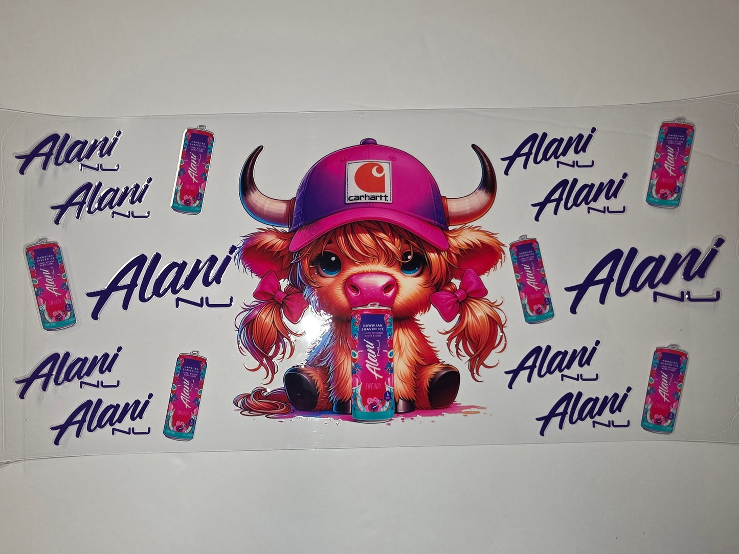 Cute Highland Cow with Alani Nu Energy Drink Tumbler Wrap | Pink & Purple