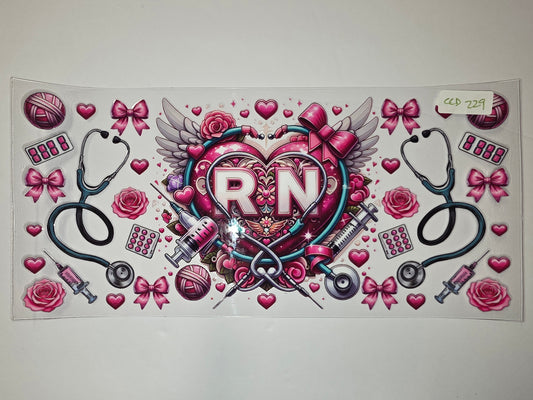 Pink RN Nurse Heart Tumbler Wrap | Stethoscope, Roses, Syringe Design | Sublimation Cup Decal