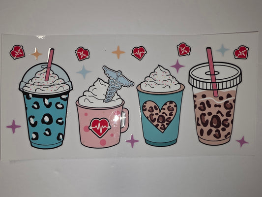 Cute Nurse Coffee Tumbler Wraps | Leopard Print, Hearts & Caduceus | Pink, Teal & Brown