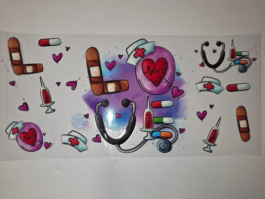 Cute Medical Nurse Tumbler Wrap | Stethoscope, Heart, Syringe, Pills & Band-Aid Design