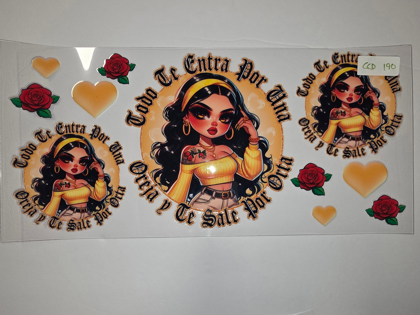 Chicana Art Tumbler Wrap - Yellow Top Girl with Roses & Hearts - Sublimation Design