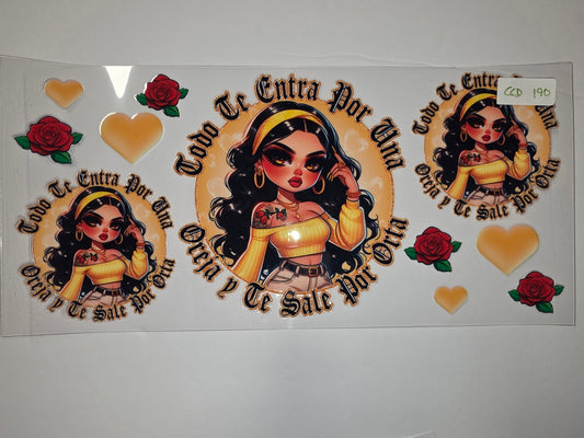 Chicana Art Tumbler Wrap - Yellow Top Girl with Roses & Hearts - Sublimation Design