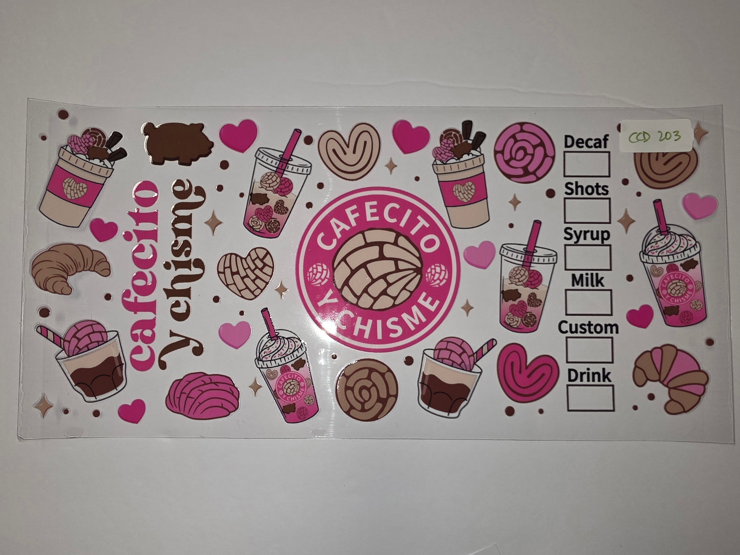 Pink & Brown "Cafecito y Chisme" Tumbler Wrap | Conchas, Croissants, Hearts