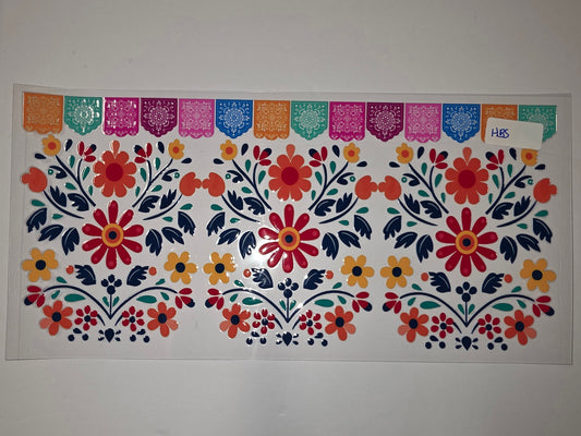 Vibrant Floral Papel Picado Tumbler Wrap - Fiesta Flowers & Bunting Design