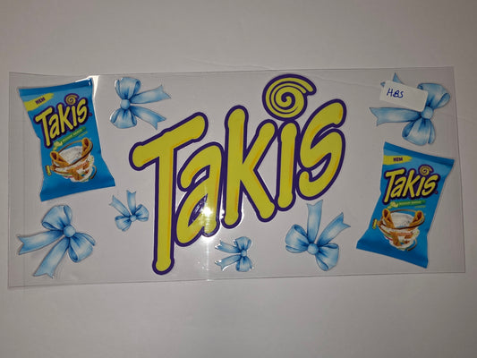 Takis Snack Inspired Tumbler Wrap with Blue Bows - Yellow & Purple Design