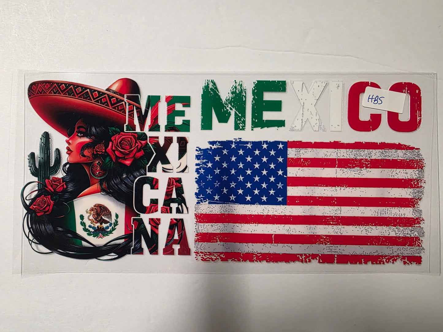 Mexican Woman & USA Flag Tumbler Wrap | Red Roses, Cactus, Patriotic Design