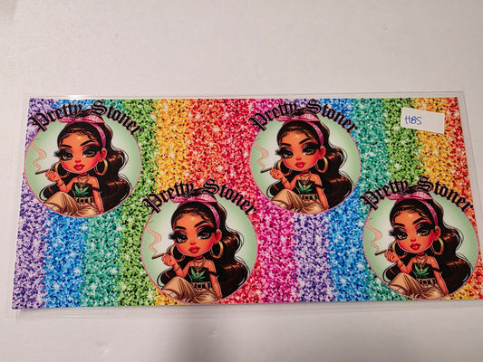 Pretty Stoner Rainbow Glitter Tumbler Wrap | Cute Cartoon Girl with Weed Leaf Design