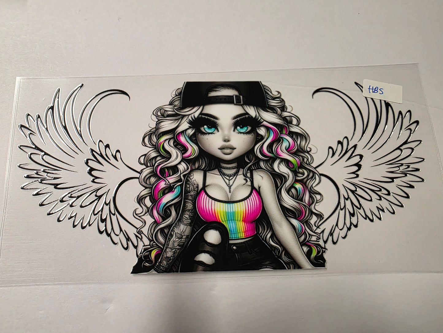 Edgy Angel Girl Tumbler Wrap - Rainbow Hair & Wings - Sublimation Design
