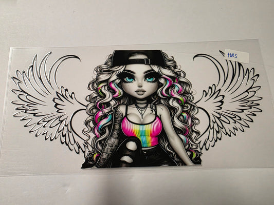 Edgy Angel Girl Tumbler Wrap - Rainbow Hair & Wings - Sublimation Design