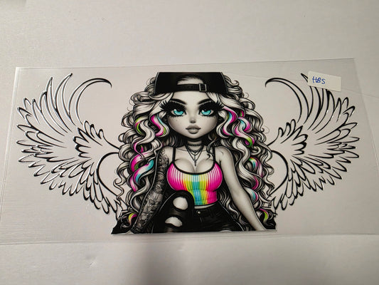 Edgy Angel Girl Tumbler Wrap - Rainbow Hair, Black & White Design