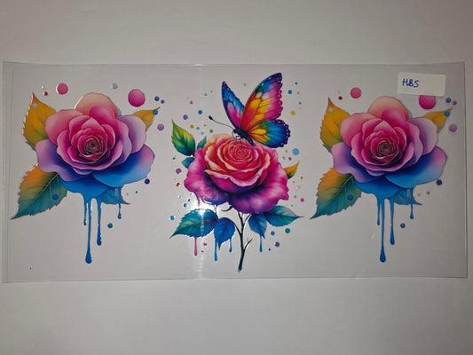 Vibrant Butterfly & Rose Drip Tumbler Wrap | Pink, Purple, Blue, Yellow Floral Design