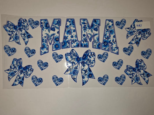 Blue Floral Mama Tumbler Wrap with Bows & Hearts - Sublimation Design