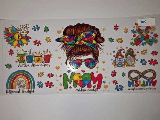 Autism Awareness Tumbler Wrap - Puzzle Pieces, Gnomes, Rainbows & Mom Life Designs