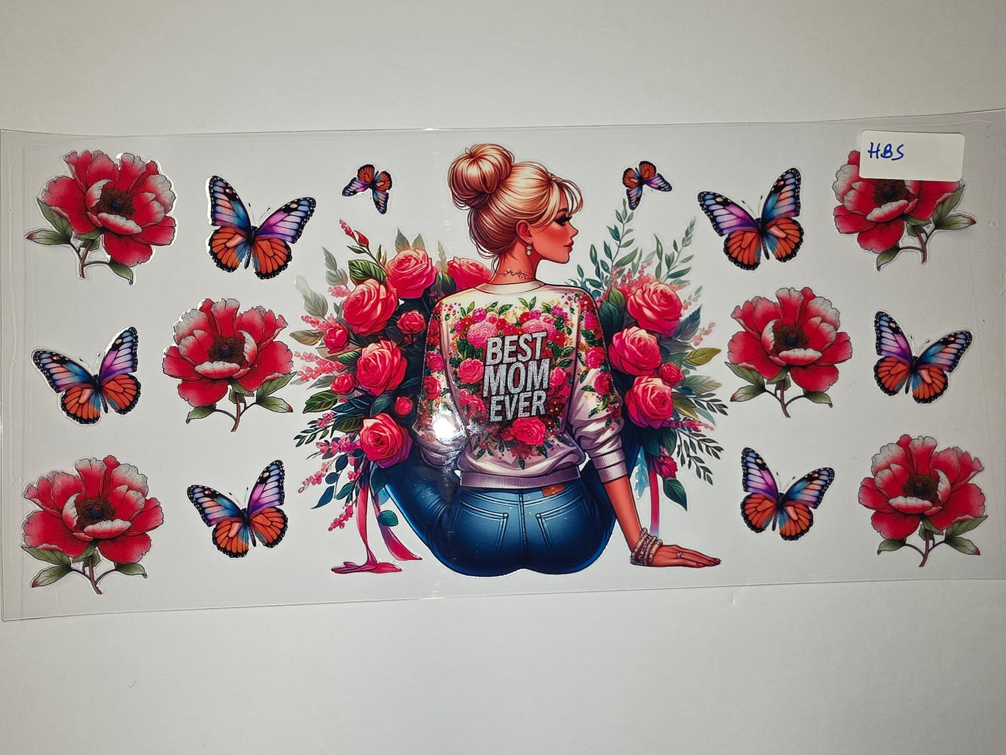 Best Mom Ever Floral Butterfly Tumbler Wrap | Red Peony & Pink Rose Design