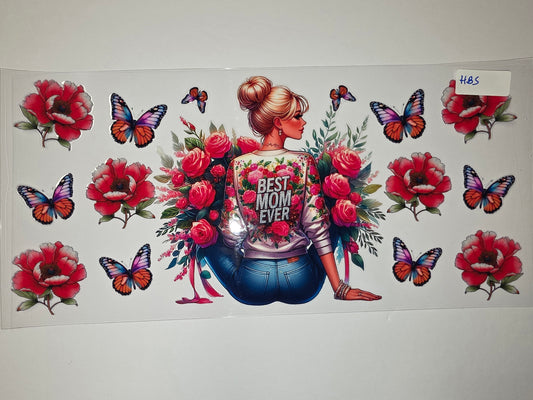 Best Mom Ever Floral Butterfly Tumbler Wrap | Red Peony & Pink Rose Design