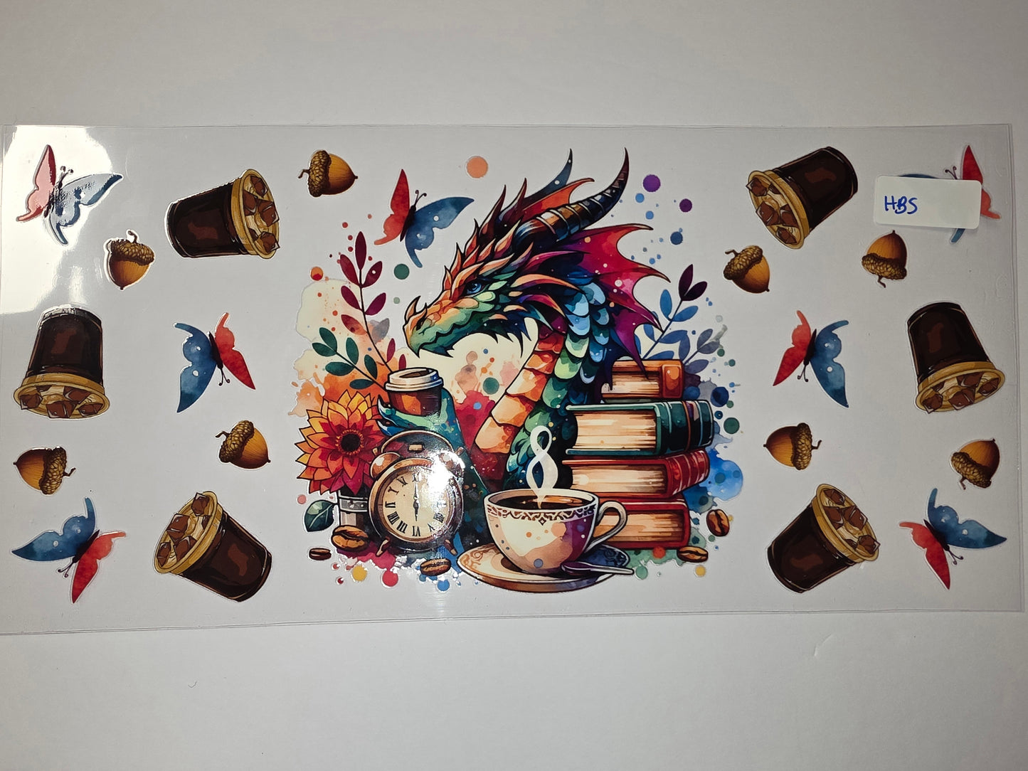 Fantasy Dragon Reading Coffee Tumbler Wrap | Books, Butterflies, Acorns, Sunflowers