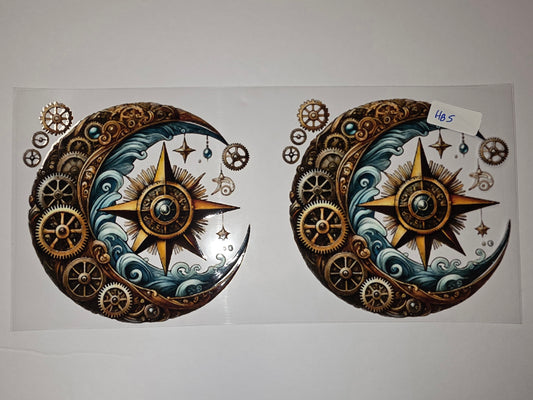 Steampunk Celestial Moon Compass Tumbler Wrap | Gears, Stars, Waves | Gold, Blue, Brown