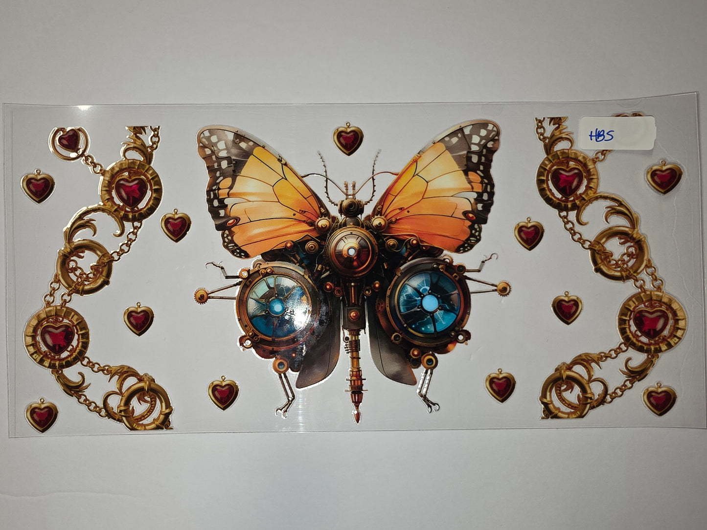 Steampunk Butterfly Tumbler Wrap with Gold Chains & Ruby Hearts - Unique Drinkware Design