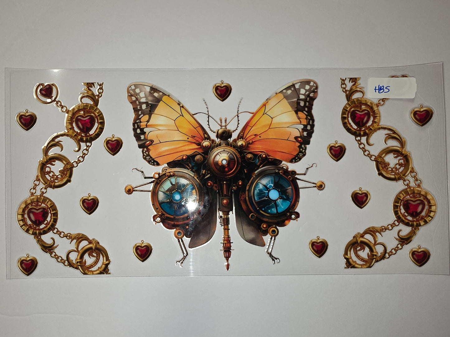 Steampunk Butterfly Tumbler Wrap - Gold, Red, Orange & Blue - Ornate Heart Chain Design