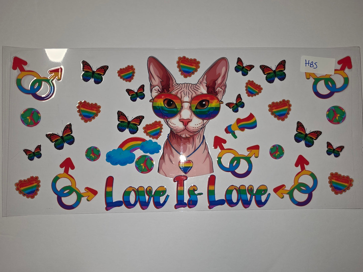Rainbow Pride Sphynx Cat Tumbler Wrap | Love is Love Butterflies & Hearts | LGBTQ+ Drinkware Design