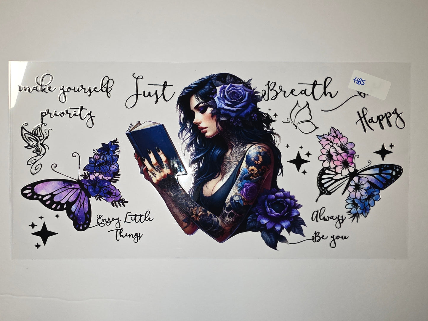 Gothic Tattoo Woman Reading Book Butterfly Floral Tumbler Wrap | Purple & Blue Sublimation Design