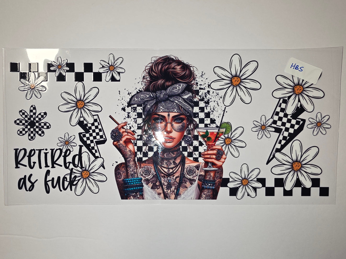 Tattooed Woman Daisy & Checkerboard Tumbler Wrap | Retro Boho Drinkware Design