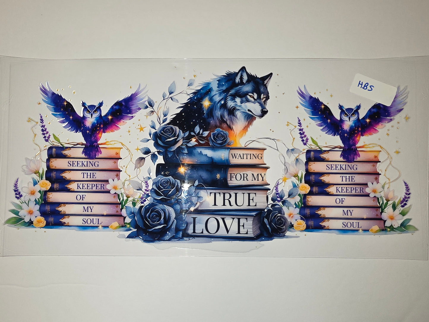 Mystical Wolf & Owl Book Stack Tumbler Wrap | Celestial Night Sky Design | Blue Roses & Stars