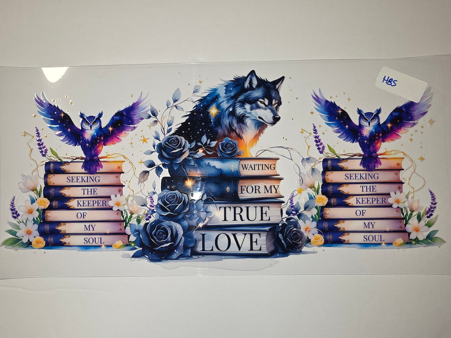 Mystical Wolf & Owl Tumbler Wrap | Celestial Books & Blue Roses | Fantasy Drinkware Design