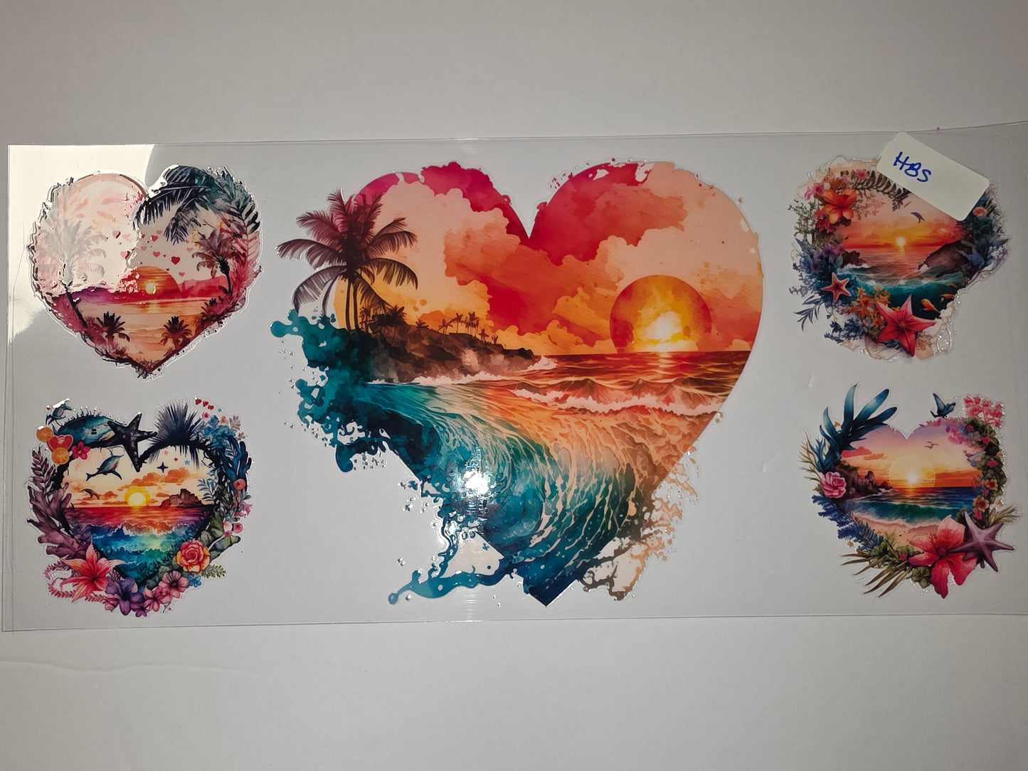 Tropical Sunset Heart Tumbler Wrap | Beach Scene, Palm Trees, Ocean Waves, Floral Accents