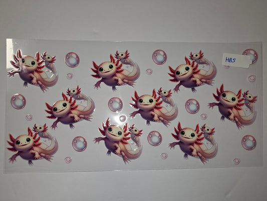 Cute Axolotl Tumbler Wrap - Pink & White Kawaii Amphibian Design with Bubbles