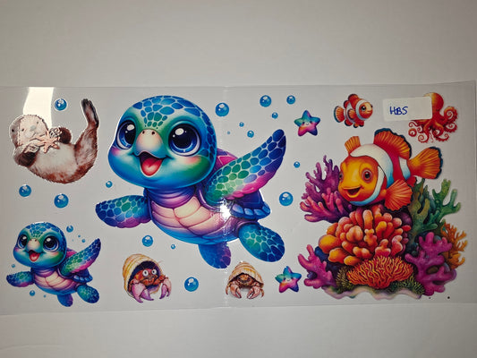 Cute Ocean Friends Tumbler Wrap | Sea Turtle, Clownfish, Otter, Crab | Vibrant Coral Reef Design