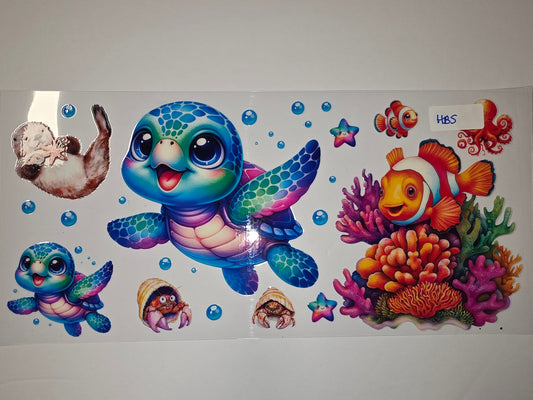 Cute Ocean Friends Tumbler Wrap | Sea Turtle, Clownfish, Otter, Hermit Crab | Vibrant Coral Reef Design