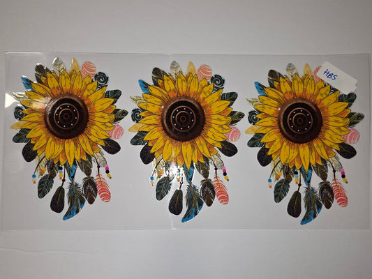 Boho Sunflower Feather Tumbler Wrap - Yellow, Teal, Pink, Brown - Dreamcatcher Style