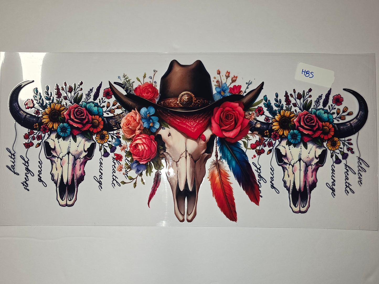 Boho Skull Floral Tumbler Wrap | Western Cowboy Hat & Feathers | Vibrant Colors