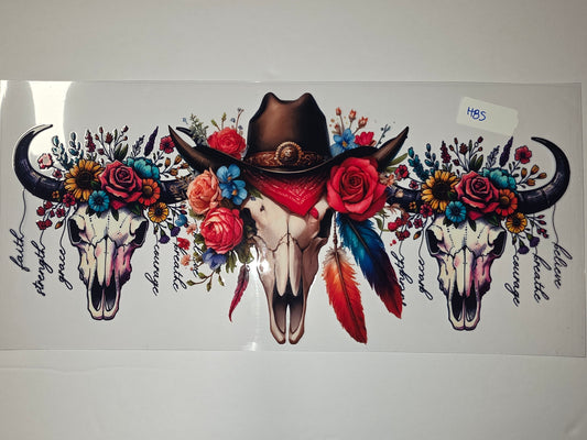 Boho Skull Floral Tumbler Wrap | Western Cowboy Hat & Feathers | Vibrant Colors