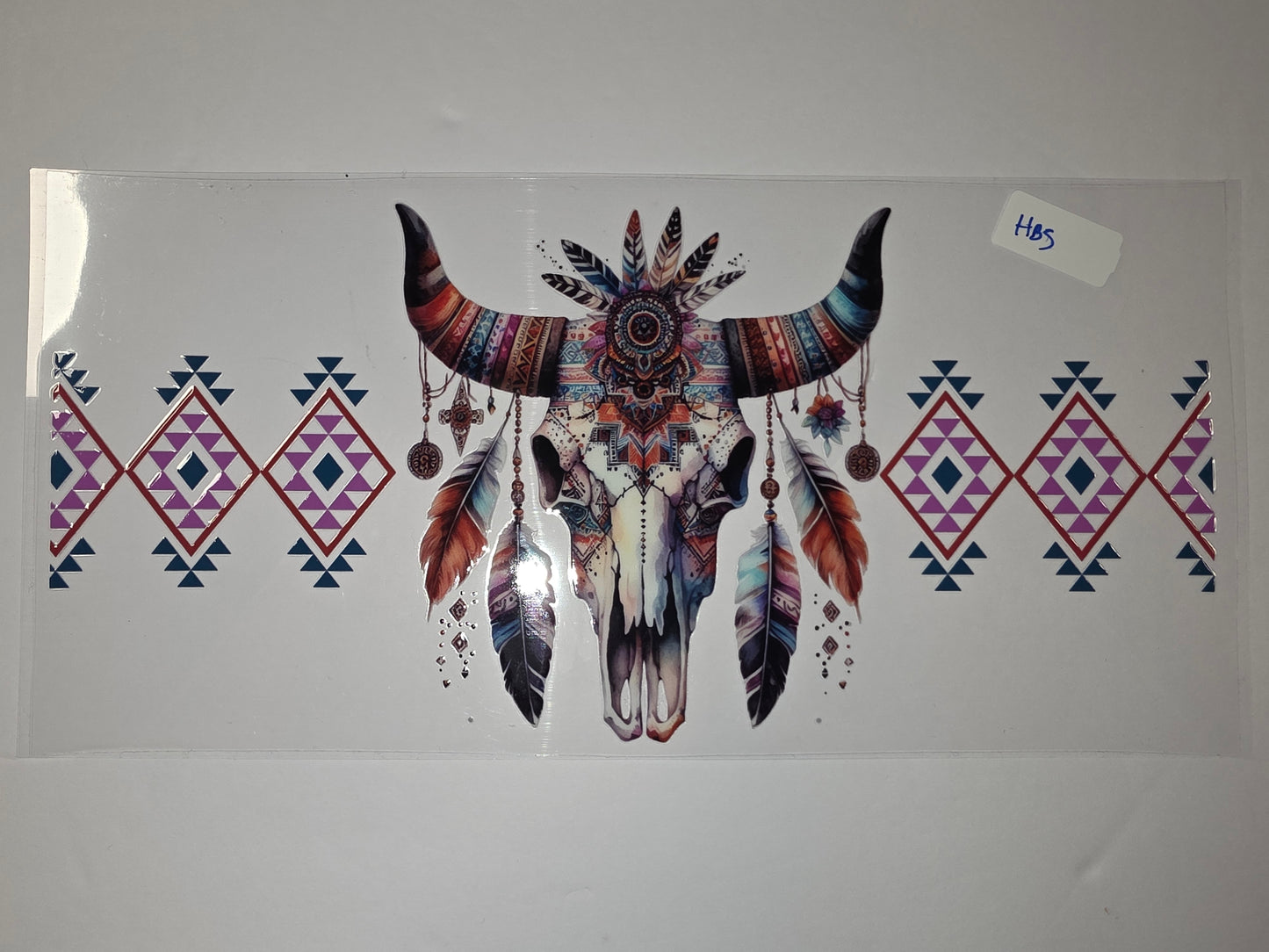 Boho Tribal Bull Skull Feather Tumbler Wrap | Southwestern Geometric Design | Vibrant Colors