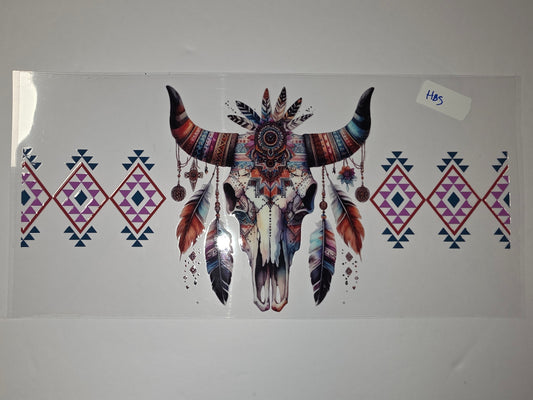 Boho Tribal Bull Skull Feather Tumbler Wrap | Southwestern Geometric Design | Vibrant Colors
