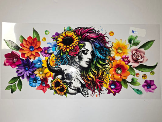 Boho Skull Woman Tumbler Wrap | Rainbow Hair & Floral Design | Sublimation Cup Decal